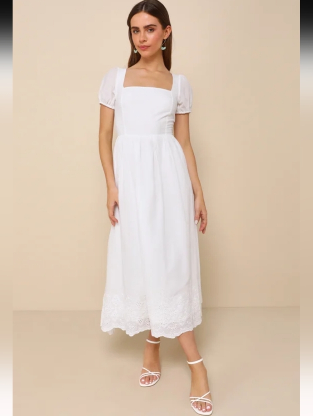 NWT Lulus Puff Sleeve Embroider Dress Stylish Merriment White Midi XL Beach Boho